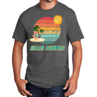 Hello Summer Vacation Palm Tree Sun Birds And Sea Basic T-shirt | Artistshot