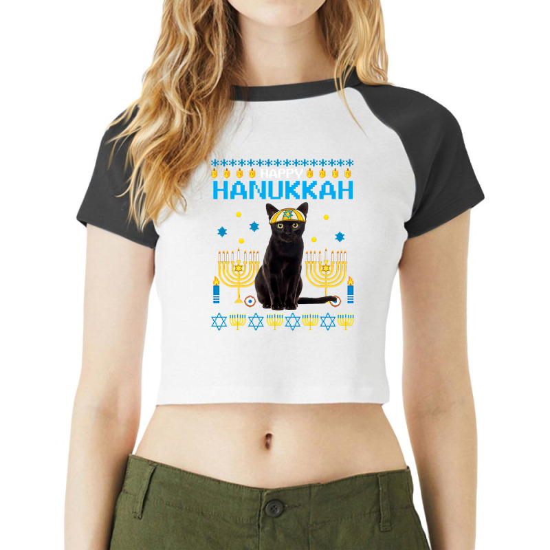 Black Cat Chanukah Jewish Ugly Hanukkah Sweater Pajama Raglan Crop Top by Davidartist | Artistshot