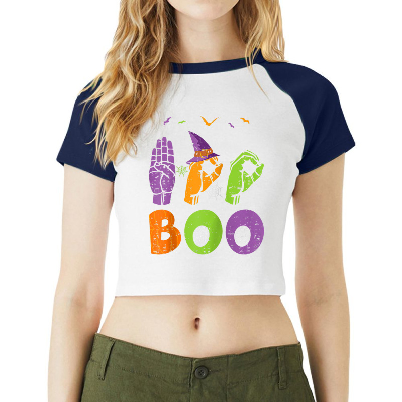 Boo Hands American Sign Language Pride Asl Halloween Raglan Baseball T Raglan Crop Top by wafaha | Artistshot