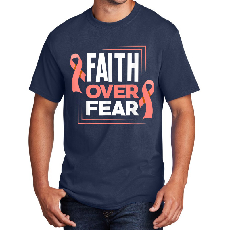 Faith Fear Peach Ribbon Endometrial Cancer Awareness Basic T-shirt by LaytonDesign | Artistshot