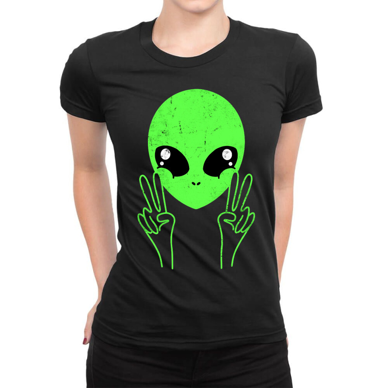 Cool Alien Buddy Peace Sign Funny Alien Ufos Distr Ladies Fitted T-Shirt by JESSELEON | Artistshot