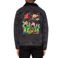 Cartoon Underwater Scene With Fish Coral Reef Illu Unisex Sherpa-lined Denim Jacket | Artistshot