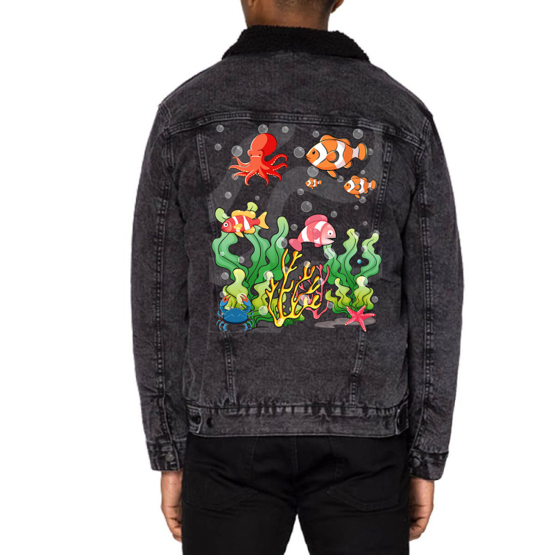 Cartoon Underwater Scene With Fish Coral Reef Illu Unisex Sherpa-lined Denim Jacket | Artistshot