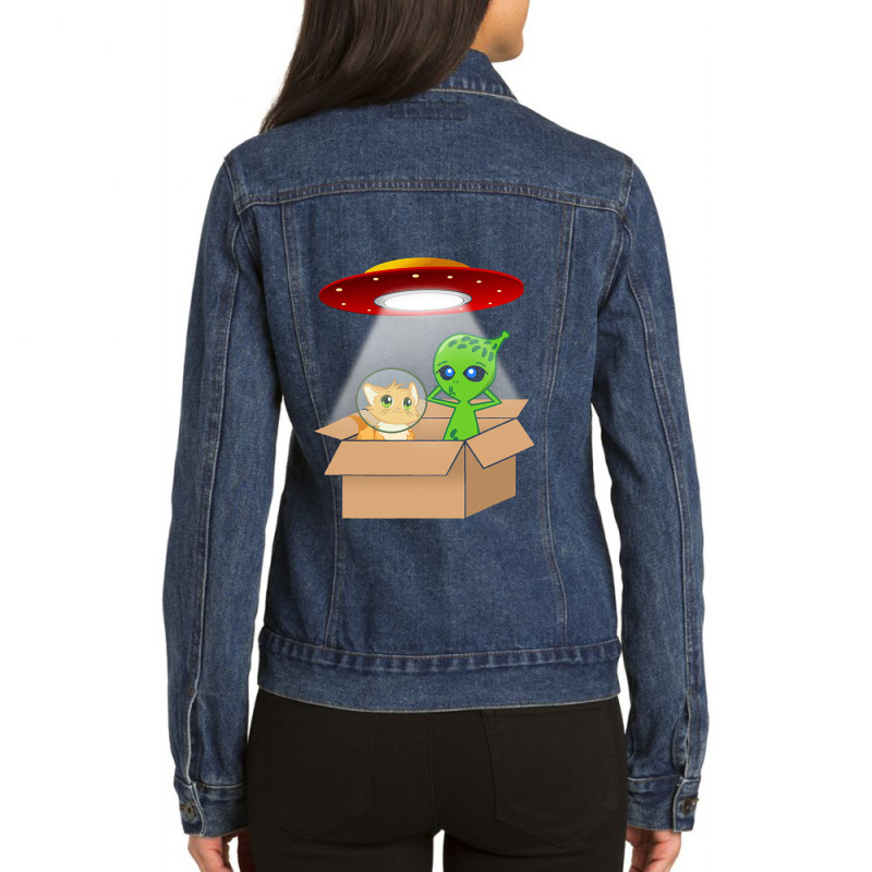 Cute Kitten Cat And Alien Cardboard Spaceship Funn Ladies Denim Jacket by ClevelandParmenter | Artistshot