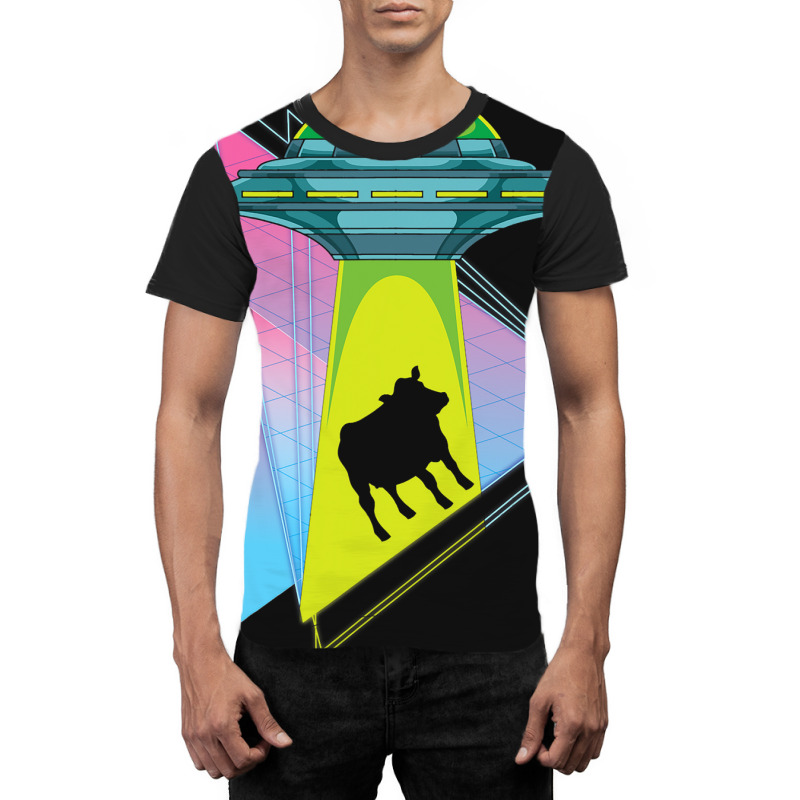 Vaporwave Cow Ufo Abduction Extraterrestrial Synth Graphic T-shirt | Artistshot