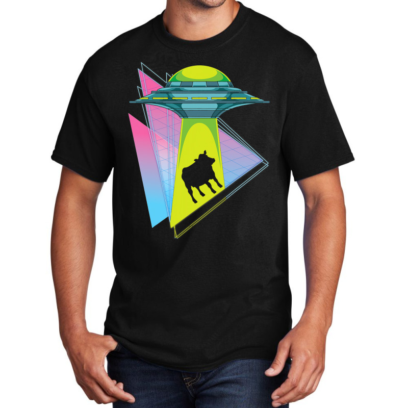 Vaporwave Cow Ufo Abduction Extraterrestrial Synth Basic T-shirt | Artistshot