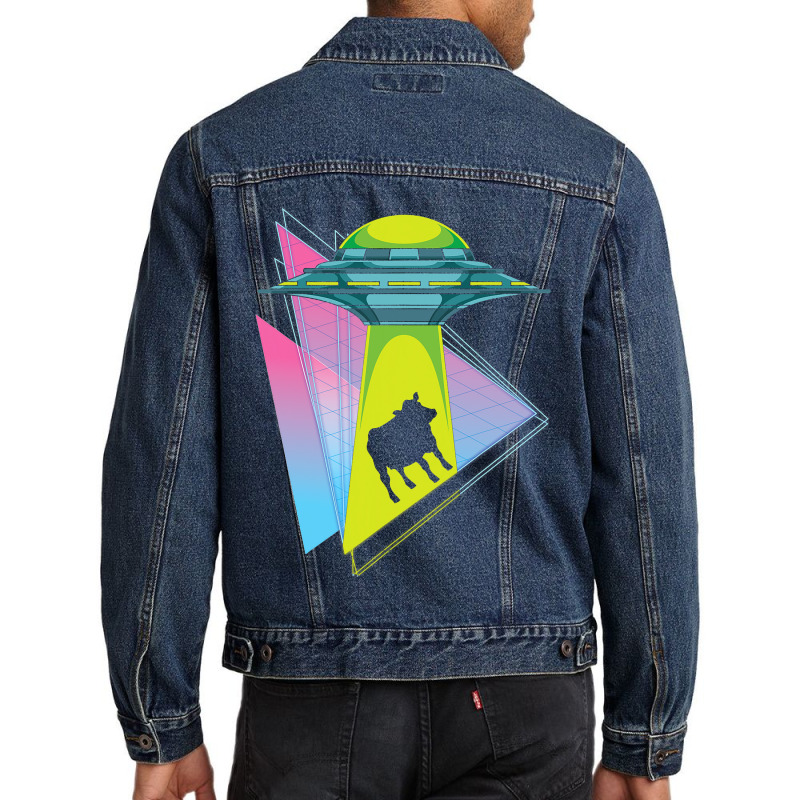 Vaporwave Cow Ufo Abduction Extraterrestrial Synth Men Denim Jacket | Artistshot