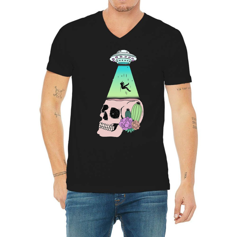 Ufo Beam Down On Skull With Flowers Alien Abductio V-neck Tee | Artistshot