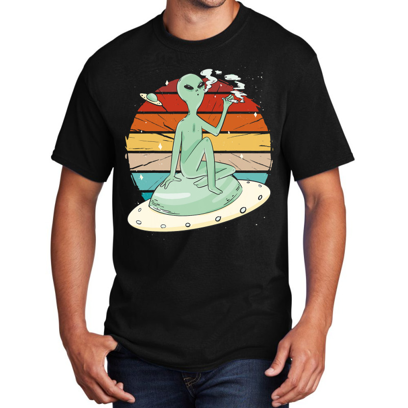 Vintage Funny Alien Smoking Over A Spaceship Space Basic T-shirt by CharleaPeguer | Artistshot