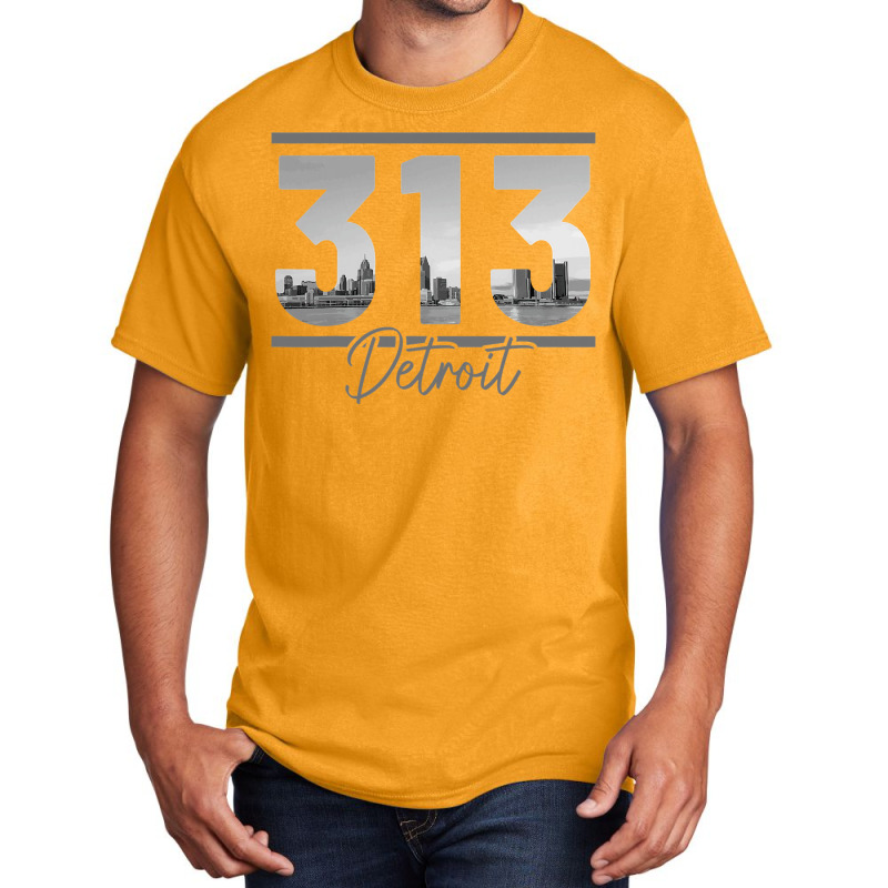 Detroit 313 Area Code Skyline Michigan Vintage Basic T-shirt by cm-arts | Artistshot