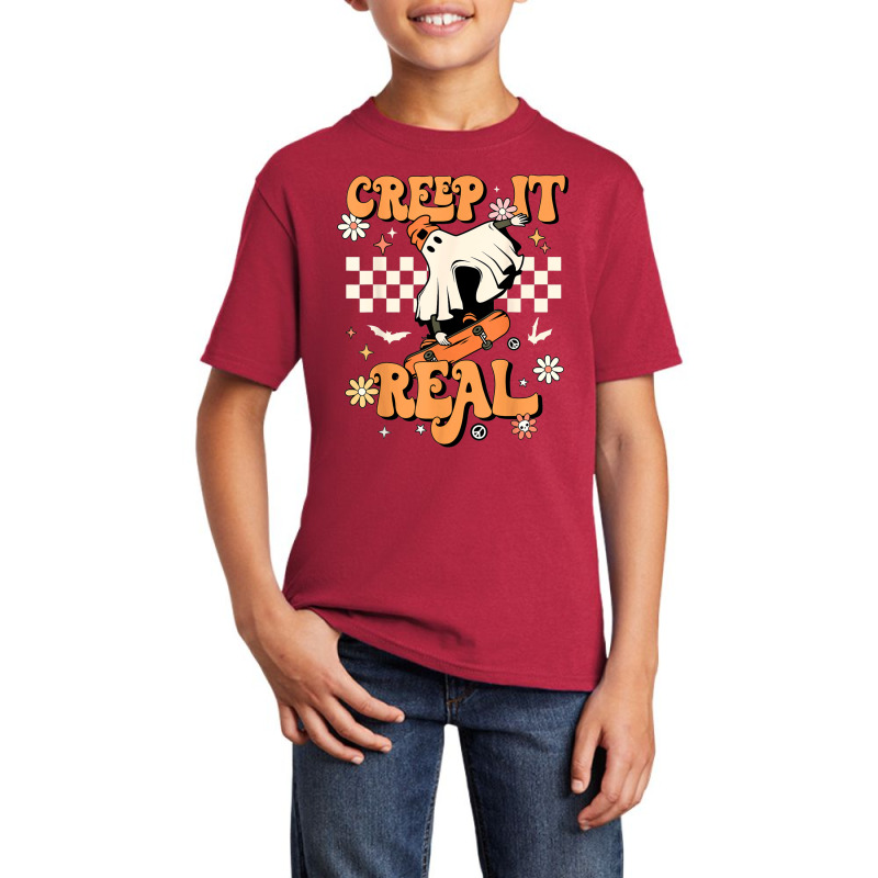 Creep It Real Retro Halloween Party Funny Ghost Skateboard Basic Youth T-shirt | Artistshot