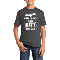 Funny Im Late For Bat Problems Horror Halloween Vampire Bat Basic Youth T-shirt | Artistshot