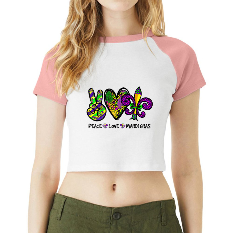 Peace Love King Cake Funny Mardi Gras Party Carniv Raglan Crop Top by africaka | Artistshot