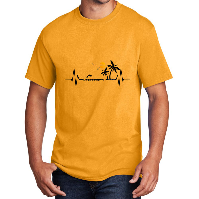 Heartbeat With Tropical Palm Trees Beach Island And Dolphin T-shirt Basic T-shirt by Teemoney2 | Artistshot