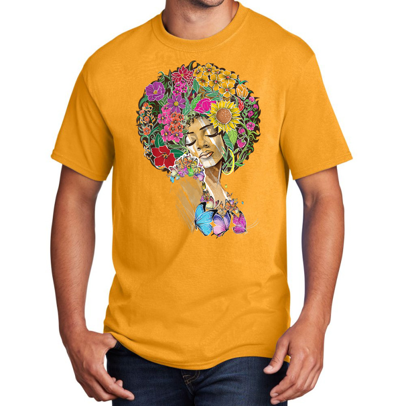 Afro Women Flowers Butterfly Latina African American Melanin Basic T-shirt by Graham Sanchez | Artistshot