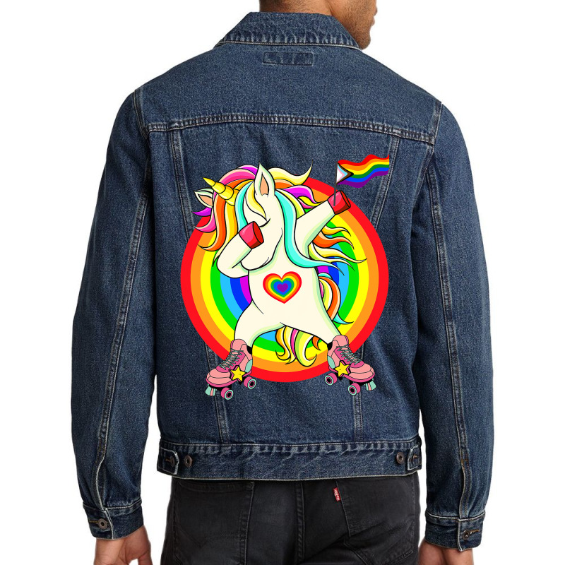 Gay Pride Unicorn Dabbing Lgbtq Rainbow Flag Rolle Men Denim Jacket | Artistshot