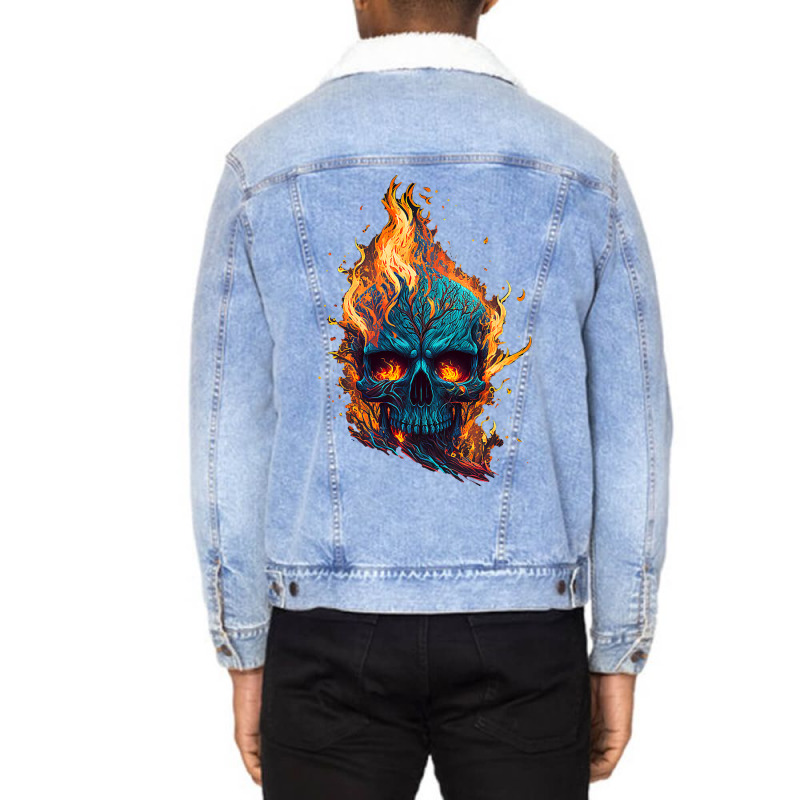 Flamming Skull Unisex Sherpa-Lined Denim Jacket by KeziahSingleta | Artistshot