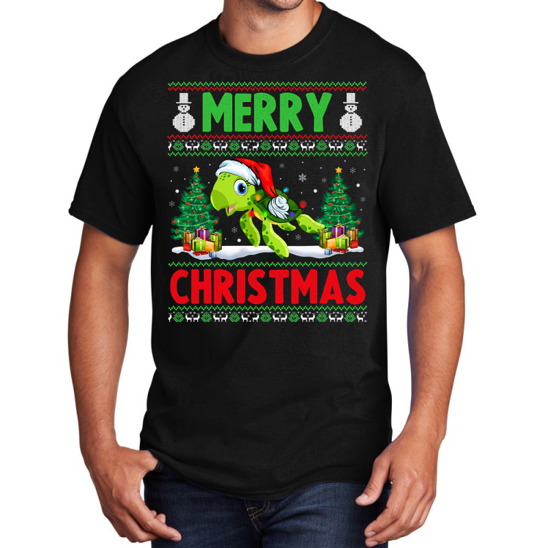 Sea Turtle Christmas Lights With Santa Hat Merry C Basic T-shirt | Artistshot