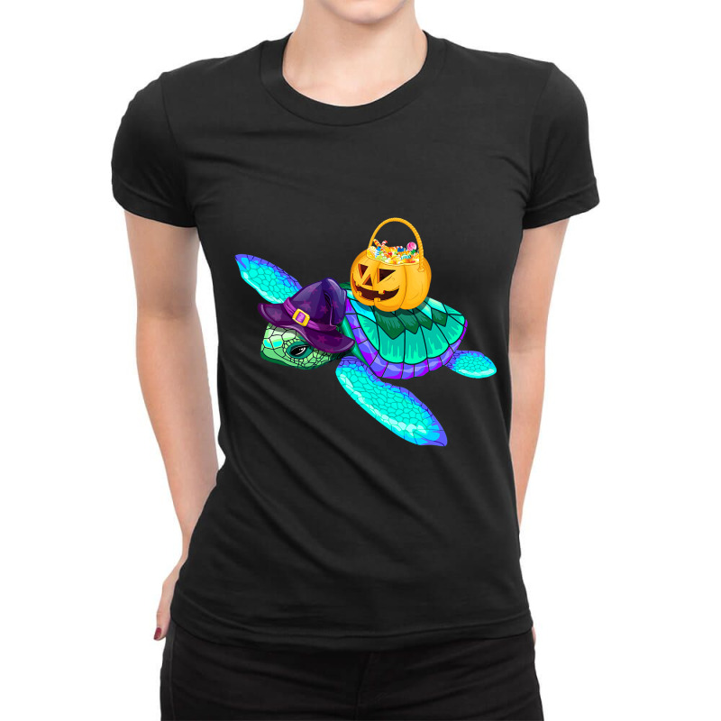 Sea Turtle Halloween Costume Funny Witch Hat Pumpk Ladies Fitted T-Shirt by AltheaCorrigan | Artistshot