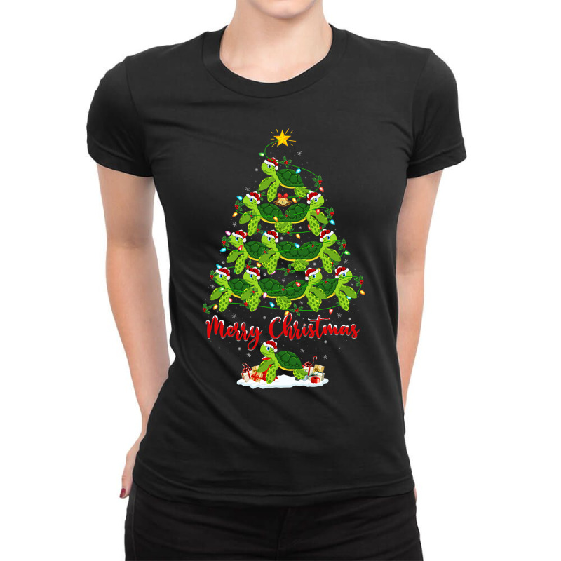 Sea Turtle Lover Xmas Tree Santa Sea Turtle Christ Ladies Fitted T-Shirt by MarquisGoldsmith | Artistshot