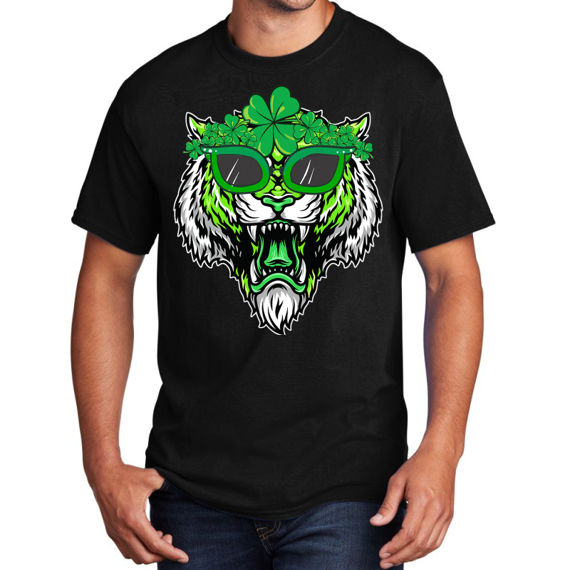 St. Patricks Day Tiger Cute Face Sunglasses Shamro Basic T-shirt | Artistshot