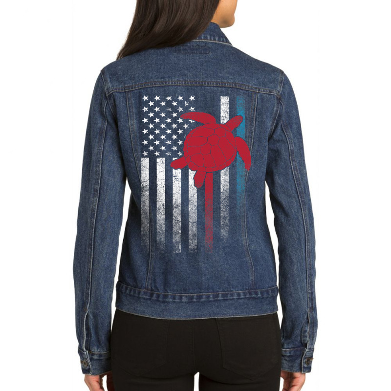 Sea Turtle 4th Of July Gift American Flag Usa 2ame Ladies Denim Jacket by LARRYGONZALEZ | Artistshot