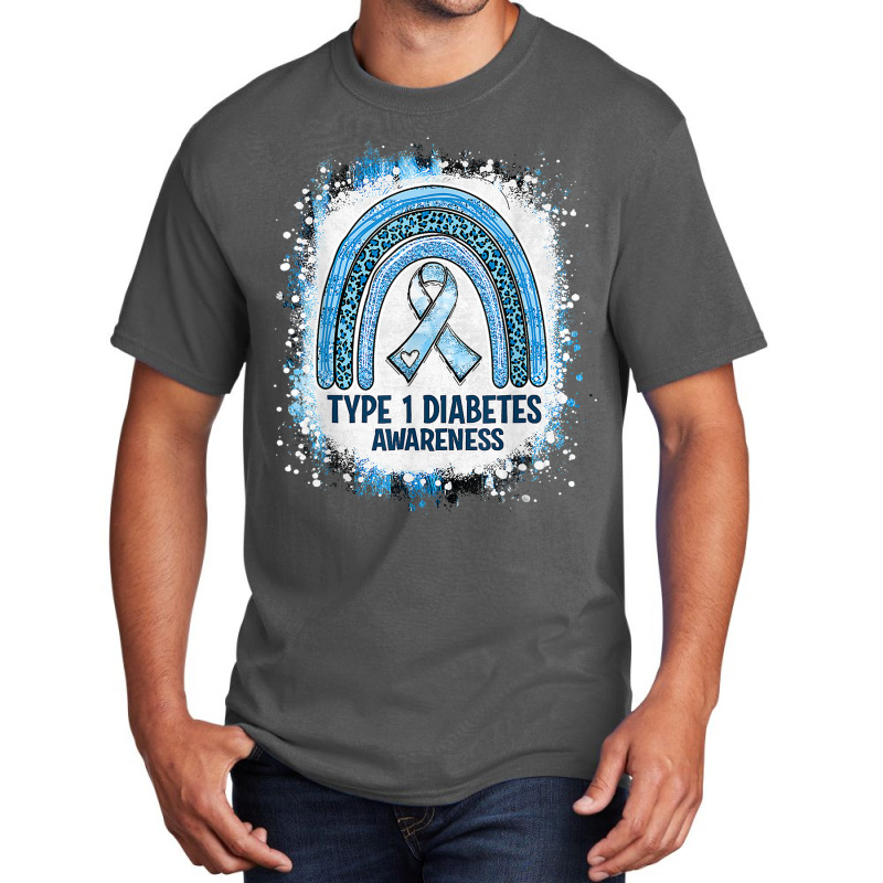 Type 1 Diabetes Awareness Month Bleached Rainbow Blue Ribbon Basic T-shirt | Artistshot