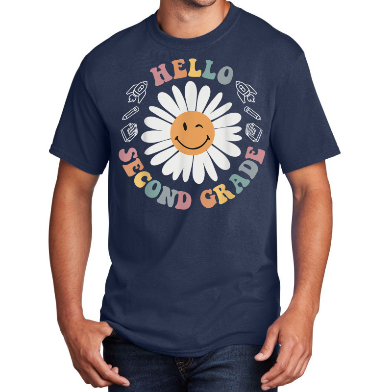 Hello Second 2nd Grade Smile Teacher Flower Groovy Basic T-shirt by Sapphire | Artistshot