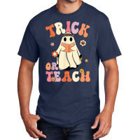 Retro Groovy Trick Or Teach Halloween Floral Ghost Teacher Basic T-shirt | Artistshot