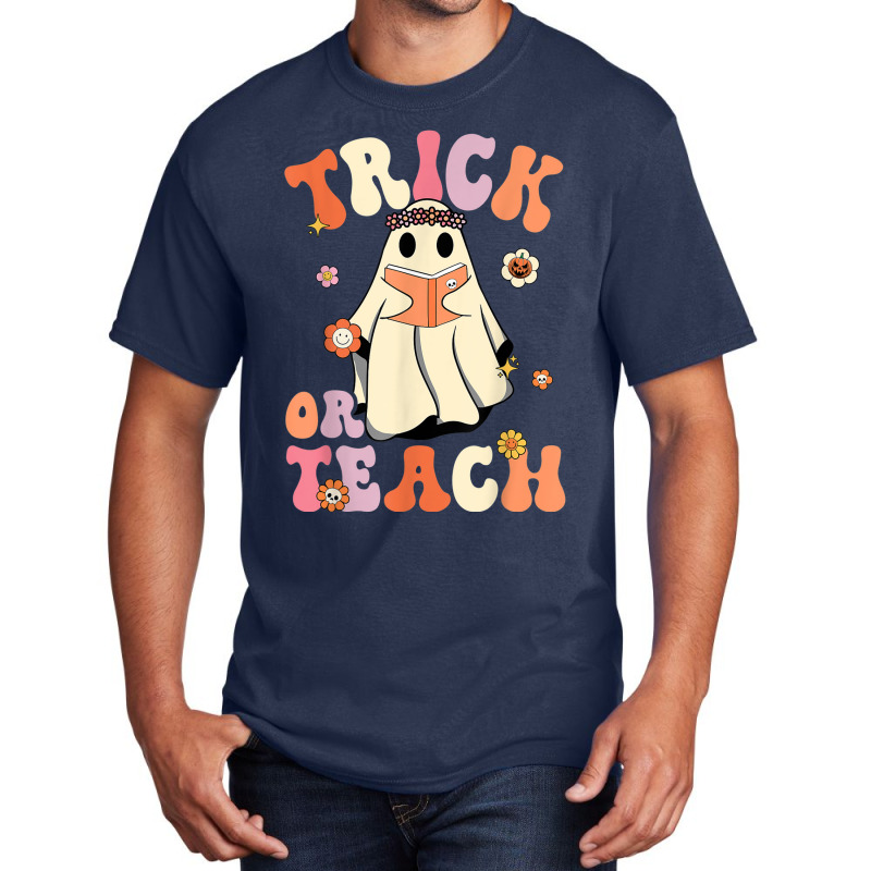 Retro Groovy Trick Or Teach Halloween Floral Ghost Teacher Basic T-shirt | Artistshot