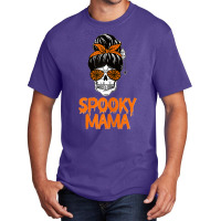 Womens Spooky Mama Lazy Halloween Costume Skull Messy Bun Basic T-shirt | Artistshot