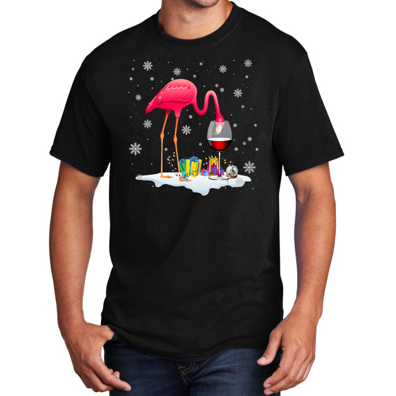 Flamingo Tropical Funny Pink Flamingo Drink Wine On Christmas Xmas 497 Basic T-shirt by coolquirrell | Artistshot