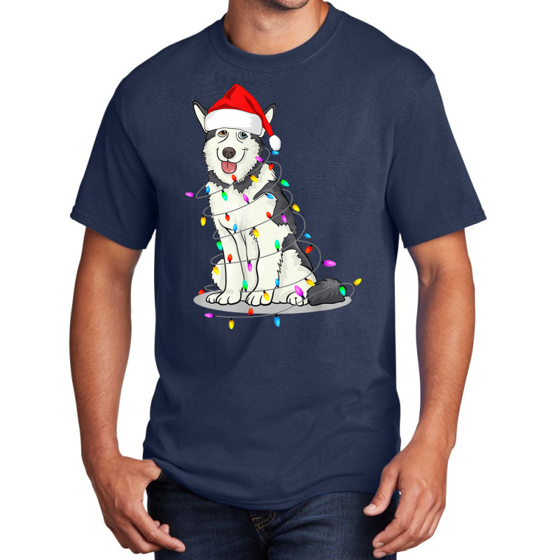 Santa Siberian Husky Christmas Hat Lights Xmas Dog Lover Basic T-shirt by Renew | Artistshot