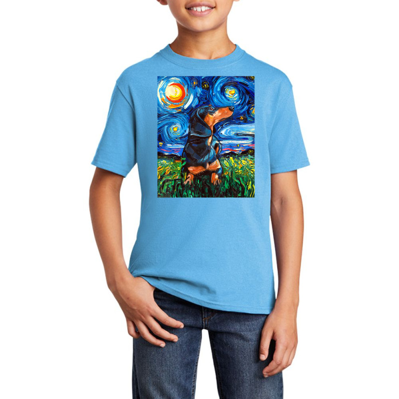 Black And Tan Dachshund Doxie Starry Night Dog Art By Aja Basic Youth T-shirt by vucongha | Artistshot