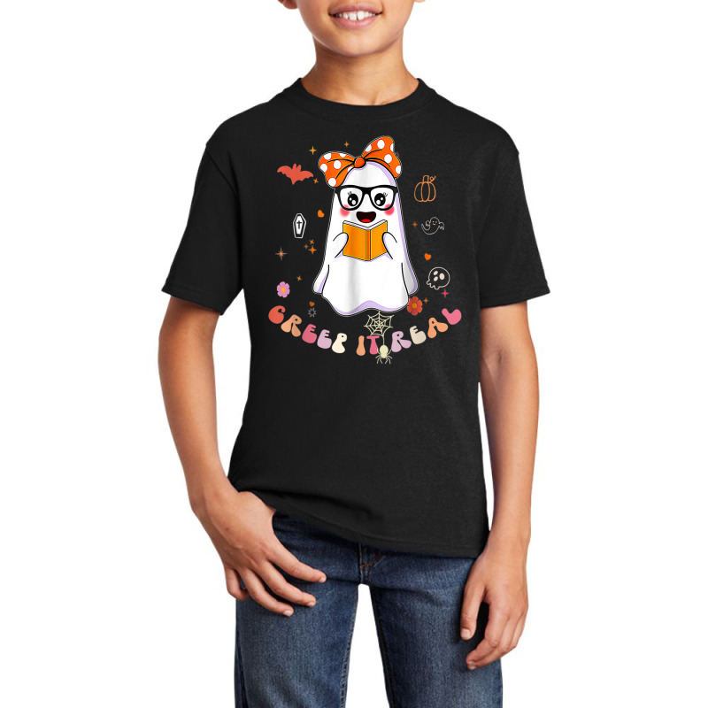 Groovy Halloween Creep It Real Funny Ghost Reading Basic Youth T-shirt by Color | Artistshot