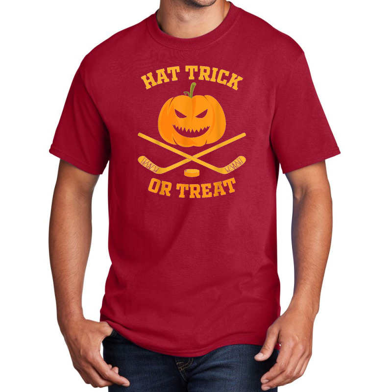 Hat Trick Or Treat Funny Pumpkin Ice Hockey Halloween Basic T-shirt by Ariannajamie | Artistshot