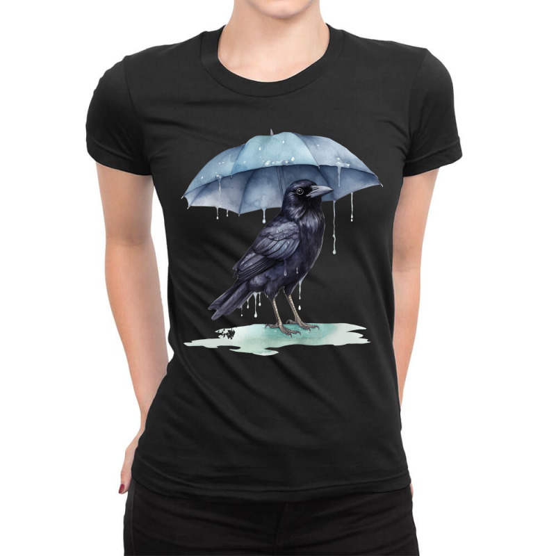 Raven Playing In The Rain With An Umbrella Novelty Ladies Fitted T-Shirt by Miracleprint | Artistshot