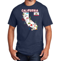 Map Of California Landmarks, Major Cities, Flag Basic T-shirt | Artistshot