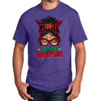 Merry Christmas Messy Bun Women Buffalo Plaid Red Pajamas T Shirt Basic T-shirt | Artistshot