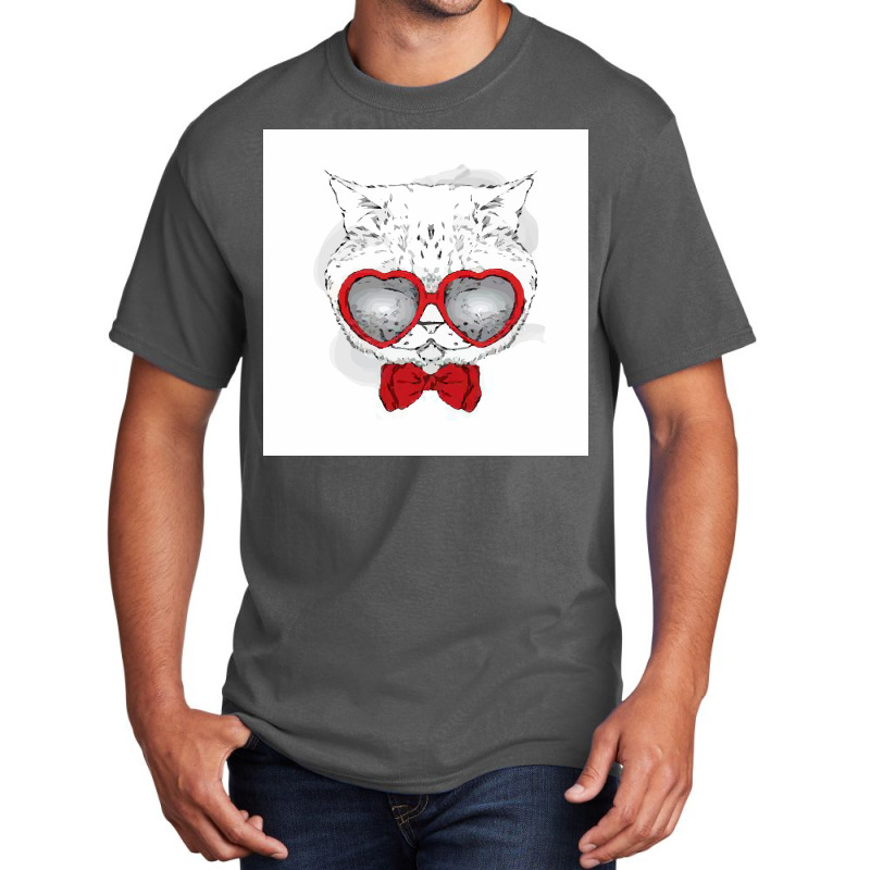 Cat Tie Glasses Poster Hippie Basic T-shirt by globossterkyc | Artistshot