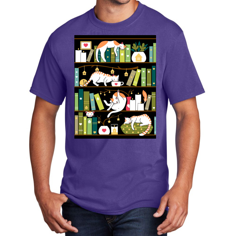 Library Cats Whimsical Cats On The Book Shelves Poster Basic T-shirt | Artistshot