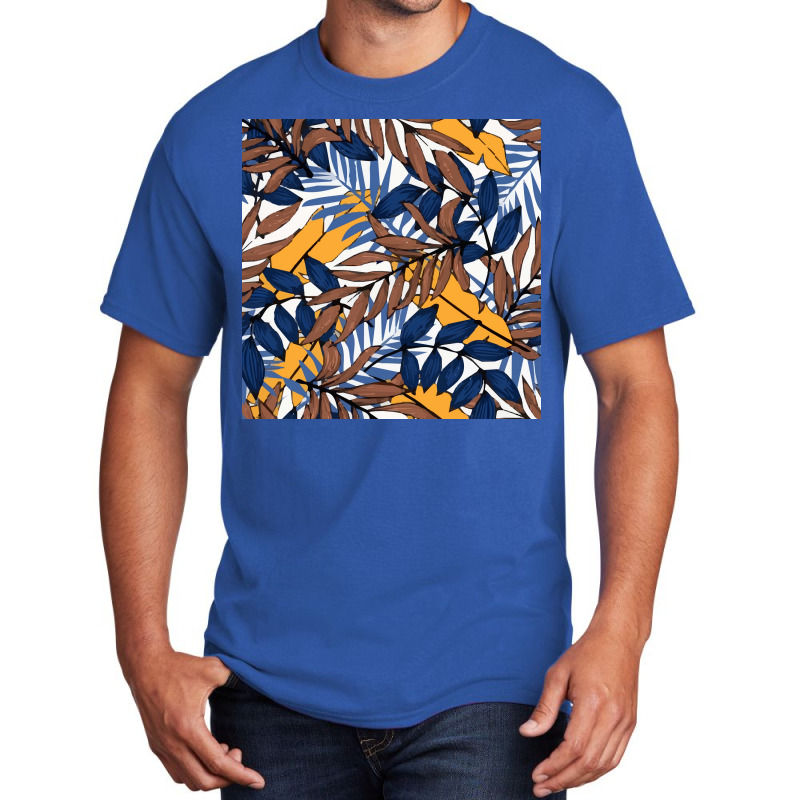 Trend Pattern With Blue Yellow Leaves Plants Poster Nature Basic T-shirt | Artistshot