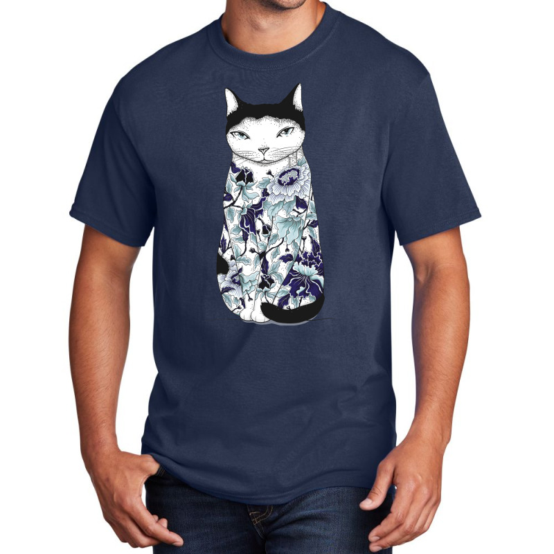 Cat In Blue Peony Tattoo Basic T-shirt | Artistshot