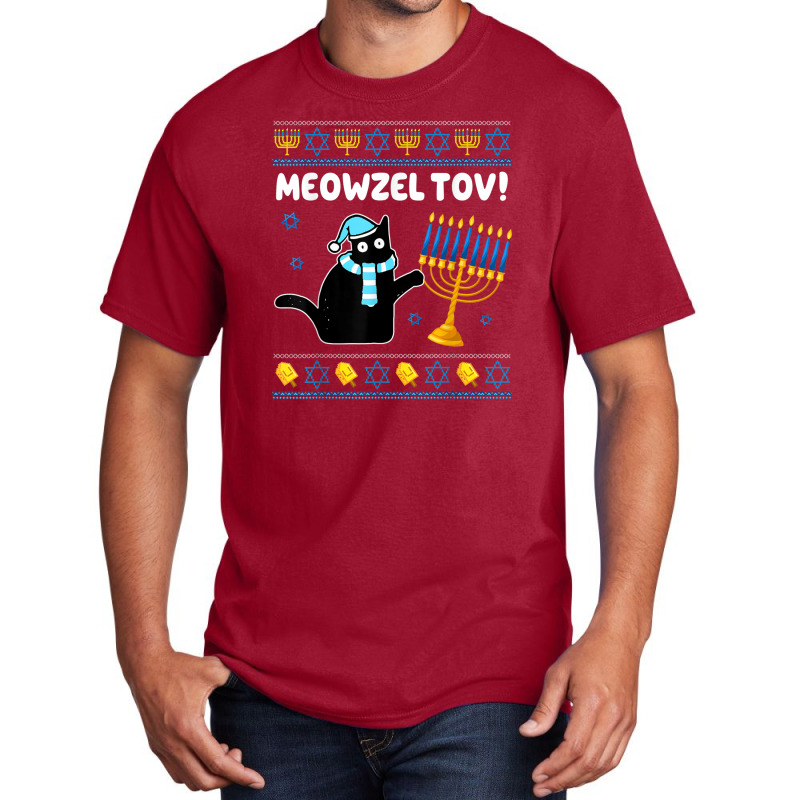 Meowzel Tov Chanukah Jewish Black Cat Hanukkah Ugly Sweater Basic T-shirt | Artistshot