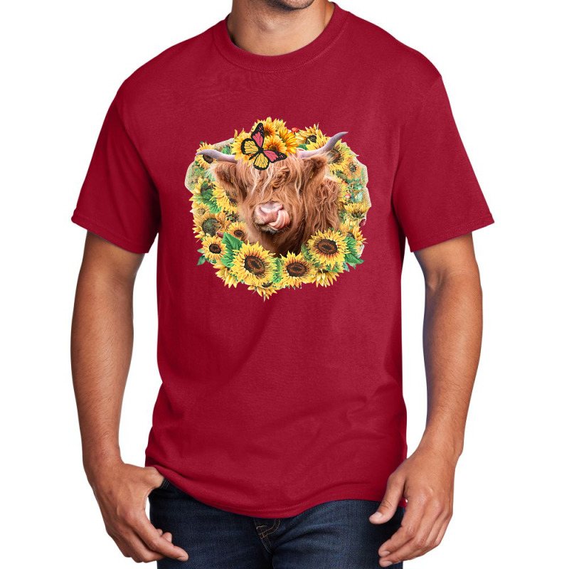 Highland Cow Sunflower Butterfly Farm Animals Western Heifer 141 Basic T-shirt | Artistshot