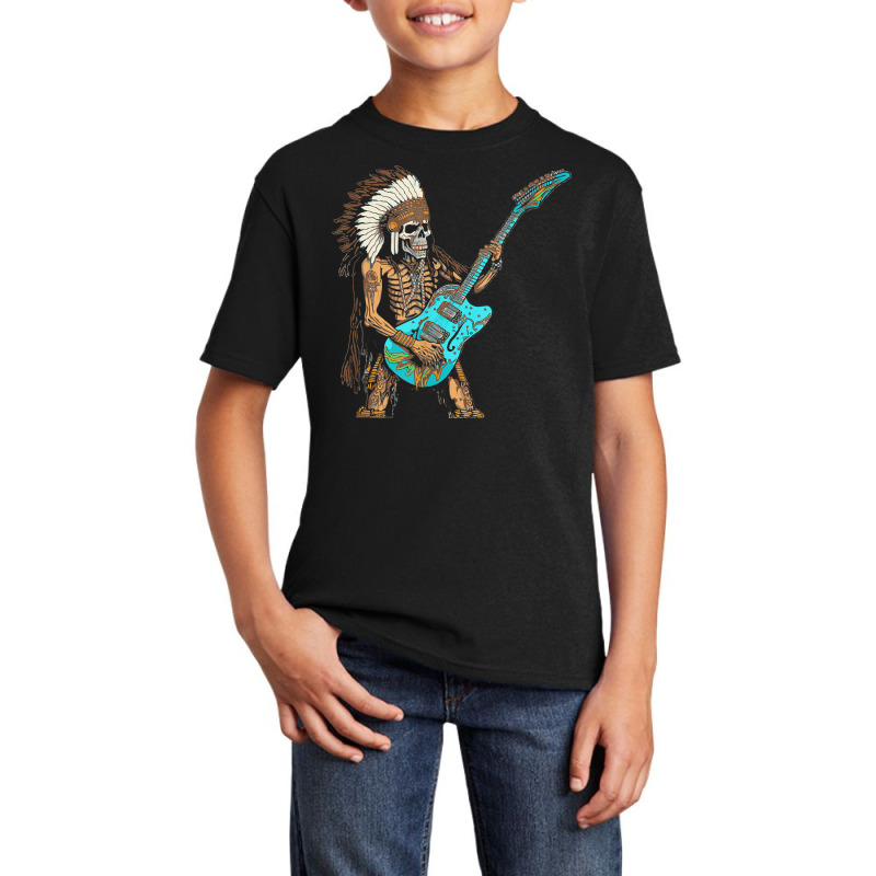 Native American Indian Playing Electric Guitar Roc Basic Youth T-shirt by saterseim | Artistshot