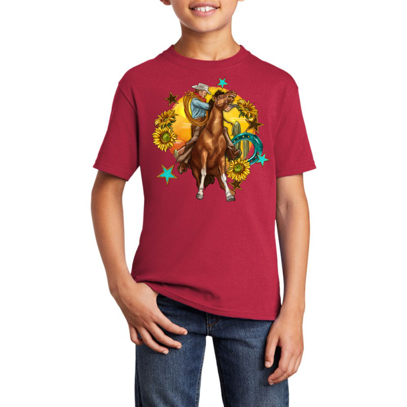 Bucking Horse With Cowboy And Sunflower Basic Youth T-shirt by enoddigitalart@gmail.com | Artistshot