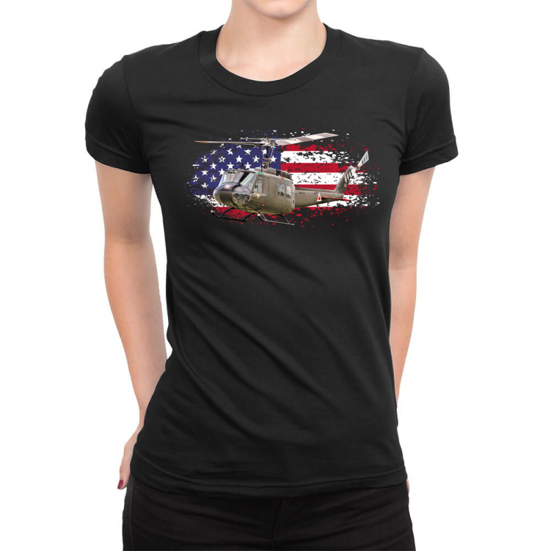 Uh 1 Huey Helicopter American Flag Usa Ladies Fitted T-Shirt by declangreenwood | Artistshot