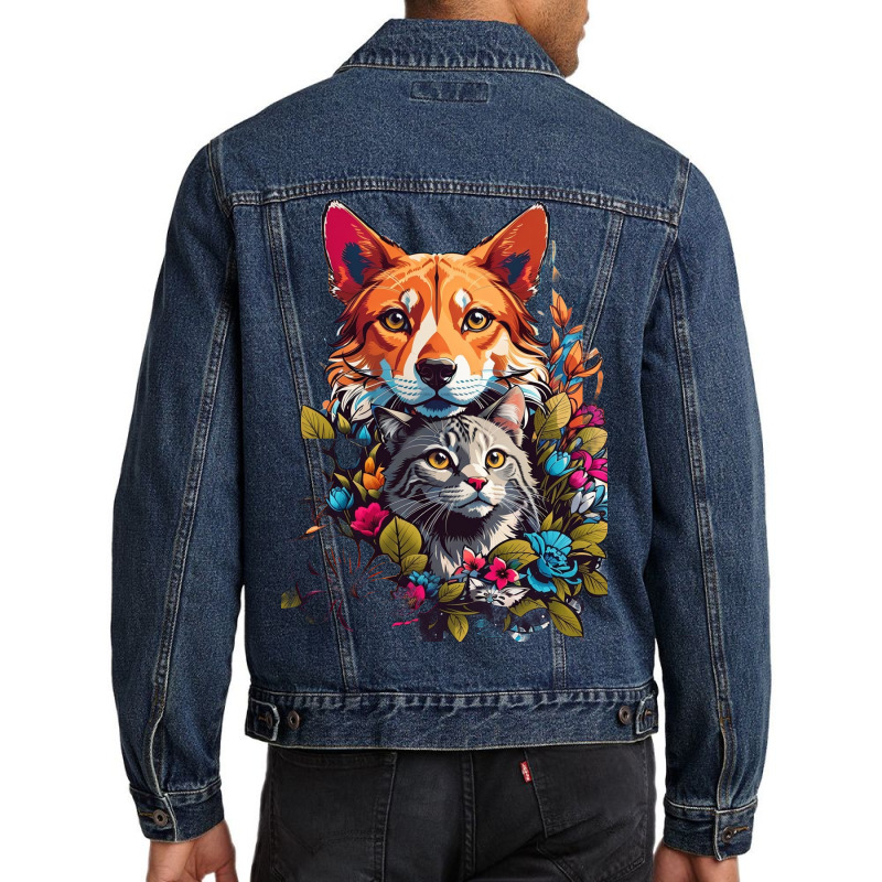 Cat And Dog In Flowers Men Denim Jacket | Artistshot