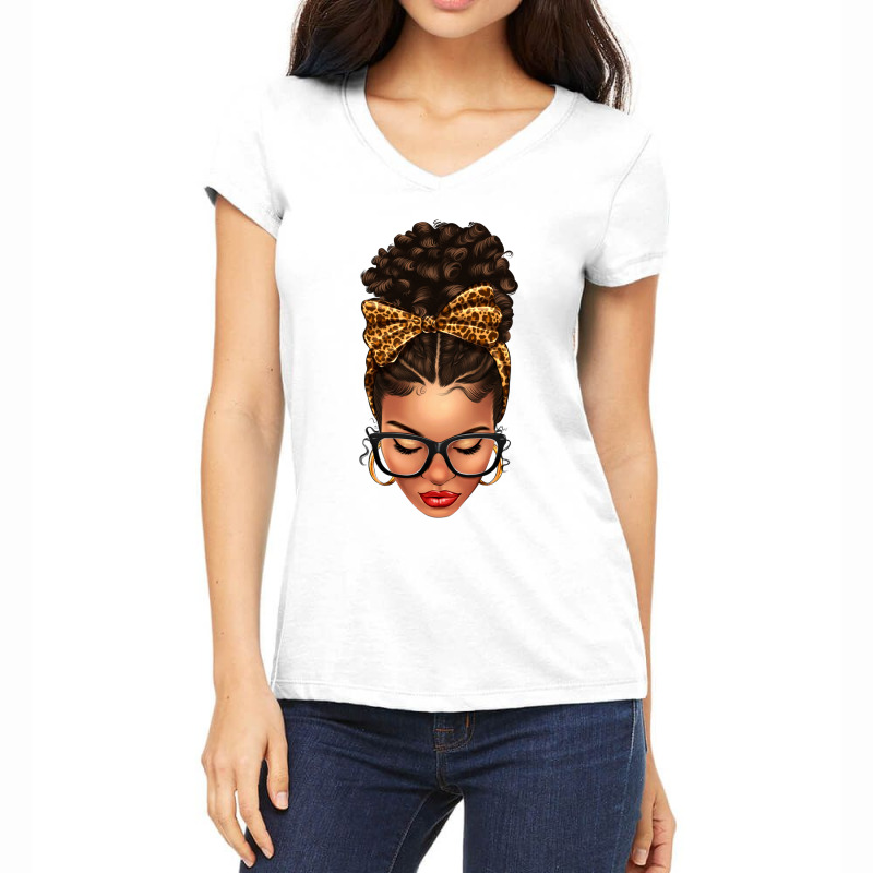 Light Skin Afro Messy Bun Leopard Bow Women's V-neck T-shirt | Artistshot